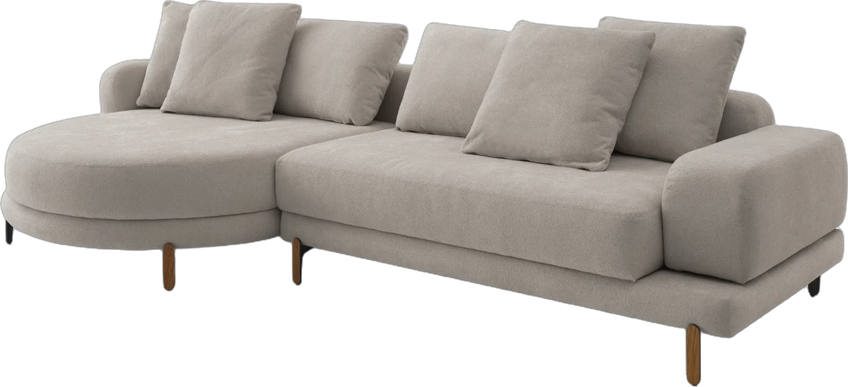 Sofá com chaise e mesa Horizonte em tecido cinza claro