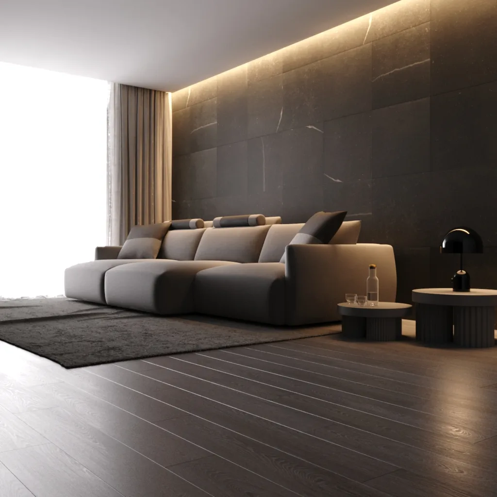 Sofá retrátil e reclinável com chaise Encontro em sala escura com iluminação embutida