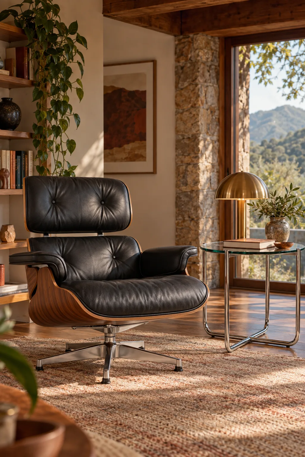 Mesa lateral MR Mies van der Rohe em sala com poltrona de couro e vista das montanhas