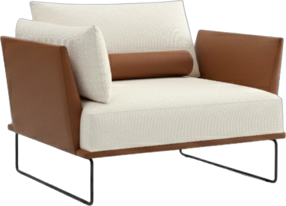 Poltrona Margot de couro caramelo e tecido off-white, com estrutura de metal preto