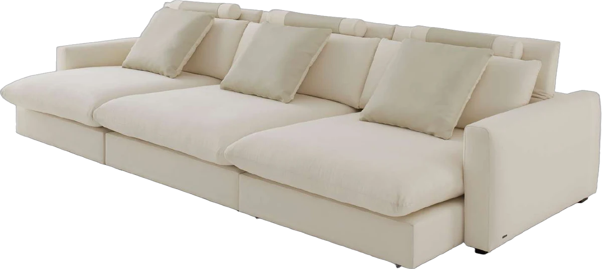 Sofá retrátil e reclinável Ambiente em tecido off-white, com almofadas soltas no assento e no encosto