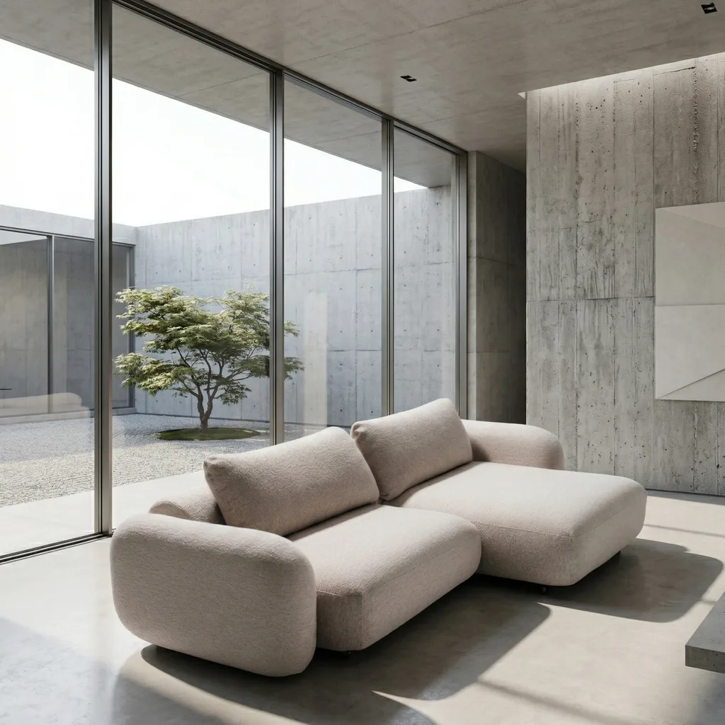 Sofá retrátil orgânico Coral em sala de concreto e vidro