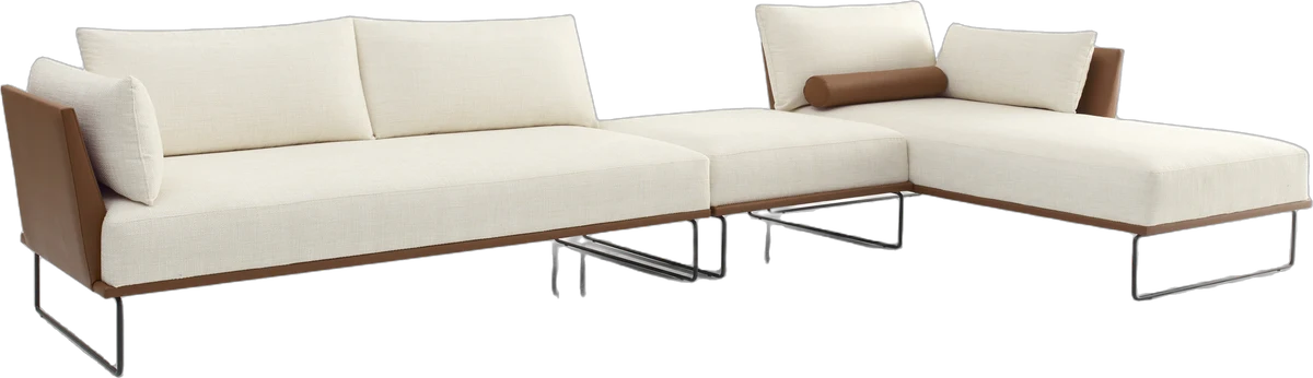 Sofá modular com chaise Margot com estrutura de metal preto e laterais de couro