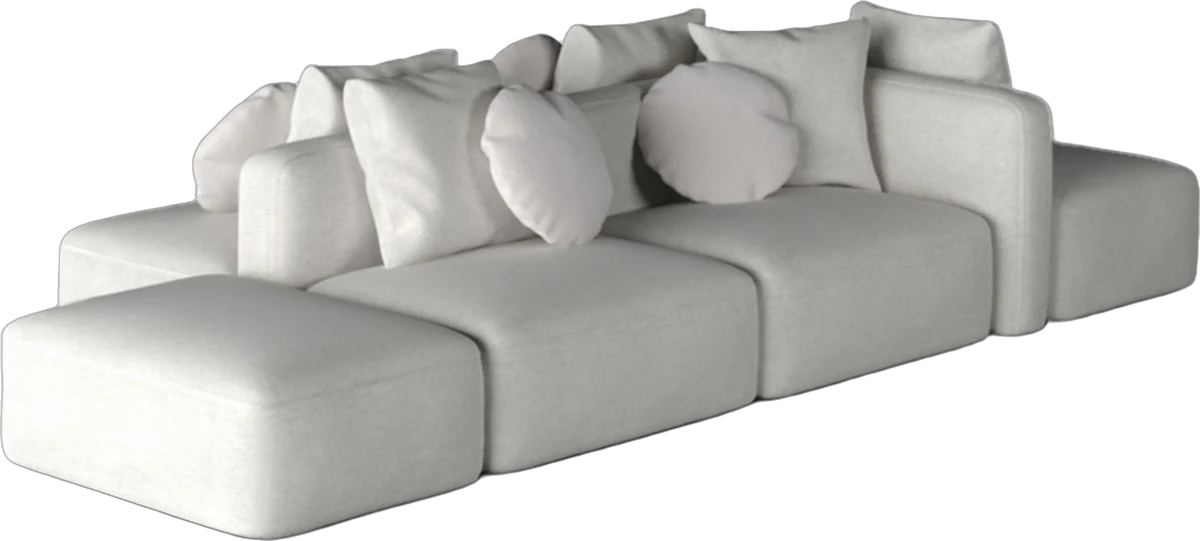 Sofá ilha modular Composição em tecido claro com puffs e almofadas