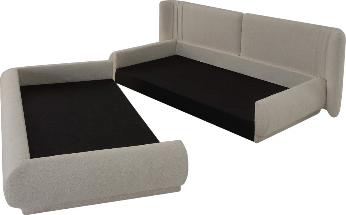 Cama estofada com baú Meta com o estrado aberto