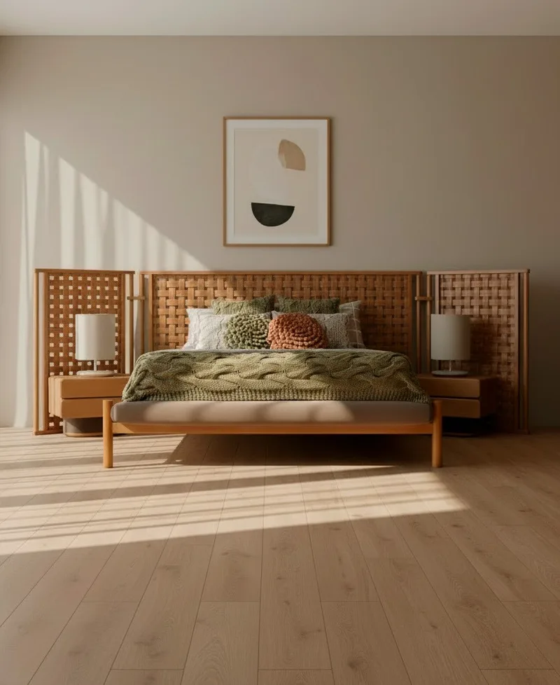 Cama Estância em quarto com piso de madeira