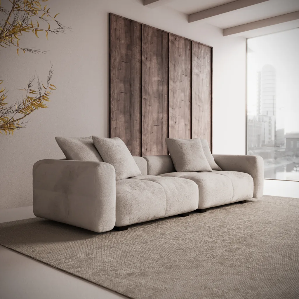 Sofá matelassê Cachos em sala com painel de madeira