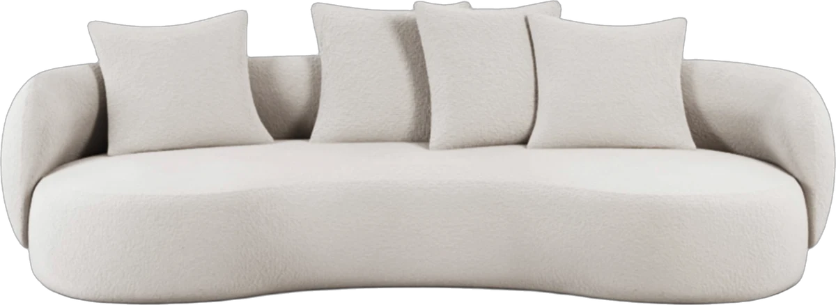 Sofá orgânico curvo Sintonia em tecido off-white, com almofadas soltas